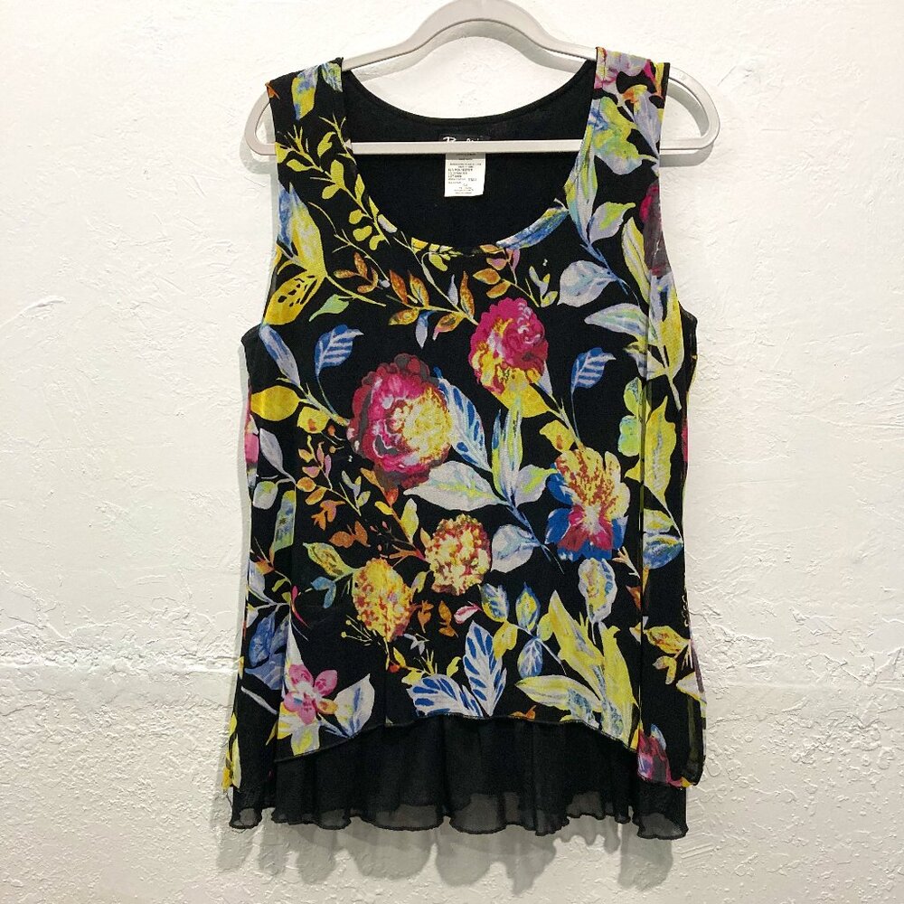 Bali Sleeveless Top Lagenlook Boho Layered Sheer Mesh Black Floral Lined G/L